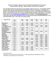 2014 Div. B Schedule - Delaware Science Olympiad State High School Tournament Saturday, March 15th, 2014 – Delaware State University, Dover, Delaware Your team number indicates the time period you are assigned to compe