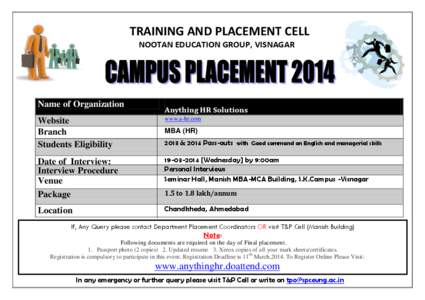 TRAINING AND PLACEMENT CELL NOOTAN EDUCATION GROUP, VISNAGAR Name of Organization  Anything HR Solutions