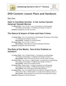 Co mbating H at red in the 2 1 st Centu ry  DVD Content: Lesson Plans and Handouts Disc One: Hate in Canadian Society: Is the Justice System Helping? Donald Worme