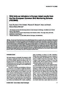 Avocetta 33: [removed]Wild birds as indicators in Europe: latest results from the Pan-European Common Bird Monitoring Scheme (PECBMS) Alena Klvanˇ ová1, Petr Vorˇíšek1, Richard D. Gregory2, Arco van Strien3,