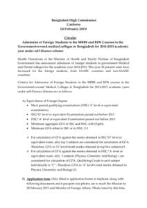 Bangladesh High Commission Canberra (20 February[removed]Circular Admission of Foreign Students in the MBBS and BDS Courses in the Government-owned medical colleges in Bangladesh for[removed]academic