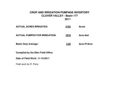CROP AND IRRIGATION PUMPAGE INVENTORY CLOVER VALLEY - BasinACTUAL ACRES IRRIGATED:  2193