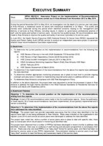 EXECUTIVE SUMMARY TITLE QPSA[removed]: Assurance Project on the Implementation of Recommendations from Audits/Reviews carried out in Áras Attracta from November 2013 to May 2014