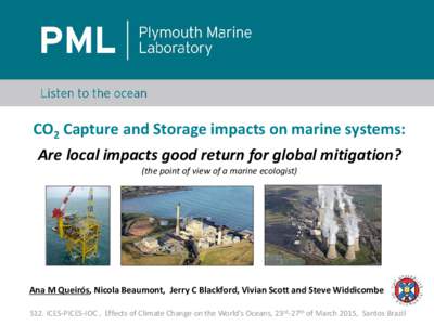 CO2 Capture and Storage impacts on marine systems:  Are local impacts good return for global mitigation? (the point of view of a marine ecologist)  Ana M Queirós, Nicola Beaumont, Jerry C Blackford, Vivian Scott and Ste