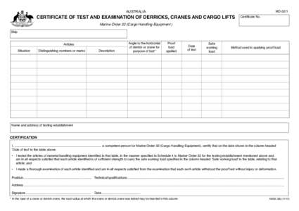 AUSTRALIA  Certificate of test and examination of DERRICKS, CRANES AND CARGO LIFTS MO-32/1 Certificate No.