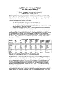 AUSTRALIAN NUCLEAR FORUM INFORMATION PAPER No.4 Primary Energy of Mineral Fuel Resources (Adopted[removed], Revised[removed]The following table lists major primary energy mineral resources of several countries and region