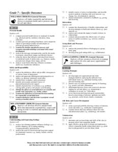 Grade 7 – Specific Outcomes WELLNESS CHOICES–General Outcome Students will make responsible and informed choices to maintain health and to promote safety for self and others. W–7