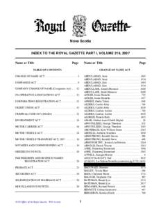 Nova Scotia INDEX TO THE ROYAL GAZETTE PART I, VOLUME 216, 2007 Name or Title Page