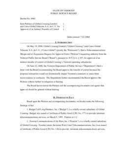 STATE OF VERMONT PUBLIC SERVICE BOARD Docket No[removed]Joint Petition of Global Crossing Limited and Carso Global Telecom, S.A. de C.V. for Approval of an Indirect Transfer of Control
