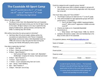 The Coastside All-Sport Camp July 12th-July15th Kids in the 1st – 4th Grade July 19th – July 22nd Kids in the 5th-8th Grade Half Moon Bay High School What is All-Sport Camp?  The Boys & Girls Club: Girls Basketbal