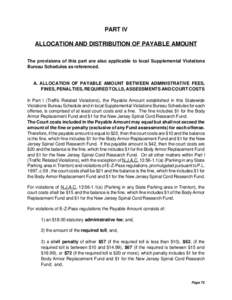PART IV ALLOCATION AND DISTRIBUTION OF PAYABLE AMOUNT The provisions of this part are also applicable to local Supplemental Violations Bureau Schedules as referenced.  A. ALLOCATION OF PAYABLE AMOUNT BETWEEN ADMINISTRATI
