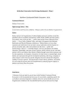 Grizzly Bear Conservation Fund Strategy Development – Phase I  Northern Continental Divide Ecosystem - NCDE Framework Element: Habitat Conservation High Leverage Action – Title: