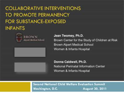 COLLABORATIVE INTERVENTIONS TO PROMOTE PERMANENCY FOR SUBSTANCE-EXPOSED INFANTS Jean Twomey, Ph.D. Brown Center for the Study of Children at Risk