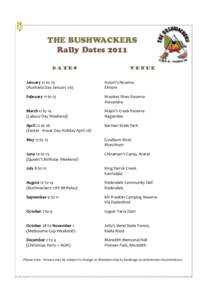 THE BUSHWACKERS Rally Dates 2011 Dates Venue