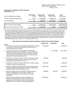 Prepared by the North Dakota Legislative Council staff for House Appropriations January 17, 2001 Department[removed]Department of Public Instruction House Bill No. 1013