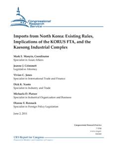 Imports from North Korea: Existing Rules, Implications of the KORUS FTA, and the Kaesong Industrial Complex