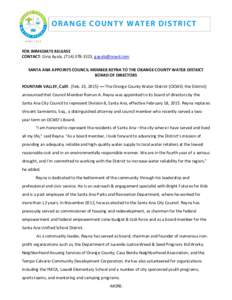 ORANGE COUNTY WATER DISTRICT   FOR IMMEDIATE RELEASE  CONTACT: Gina Ayala, (714) 378‐3323,      
