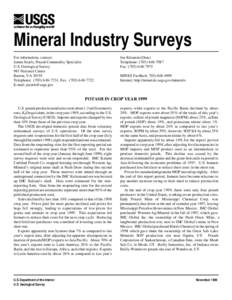Mineral Industry Surveys For information, contact: James Searls, Potash Commodity Specialist U.S. Geological Survey 983 National Center Reston, VA 20192