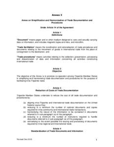 Annex 3 Annex on Simplification and Harmonisation of Trade Documentation and Procedures Under Article 14 of the Agreement Article 1 Definitions