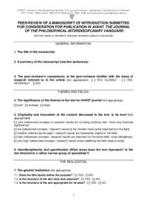 AVANT. Trends in Interdisciplinary Studies. The journal has been registered in District Court in Warsaw /PRISSN online: ISSN print: avant.edu.pl/en  PEER-REVIEW OF A MANUSCR