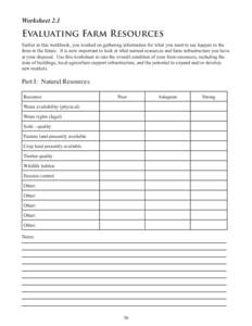 Worksheet 2.1  Evaluating Farm Resources Earlier in this workbook, you worked on gathering information for what you want to see happen to the farm in the future. It is now important to look at what natural resources and 