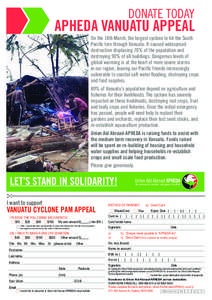 DONATE TODAY  APHEDA VANUATU APPEAL On the 14th March, the largest cyclone to hit the South Pacific tore through Vanuatu. It caused widespread destruction displacing 70% of the population and