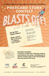BLASTS OFF!  The Writers’ Alliance of Newfoundland and Labrador’s 2nd Annual Postcard Story Contest