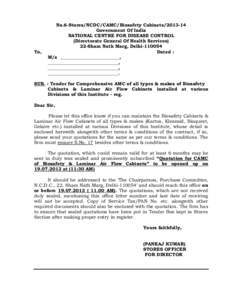 To,  No.6-Stores/NCDC/CAMC/Biosafety Cabinets[removed]Government Of India NATIONAL CENTRE FOR DISEASE CONTROL (Directorate General Of Health Services)