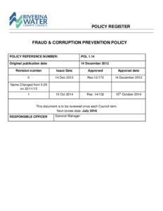 POLICY REGISTER  FRAUD & CORRUPTION PREVENTION POLICY POLICY REFERENCE NUMBER:  POL 1.14