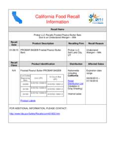 California Food Recall Information Recall Name Probar LLC Recalls Frosted Peanut Butter Bars Due to an Undeclared Allergen – Milk Recall