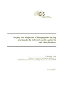Defence Security Authority Report - Inquiry into allegatins of inappropriate vertting practices in the Defence Security Authority and related matters