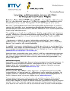 Media Release  Immunotope For Immediate Release  Immunotope and Immunovaccine Announce U.S. Patent