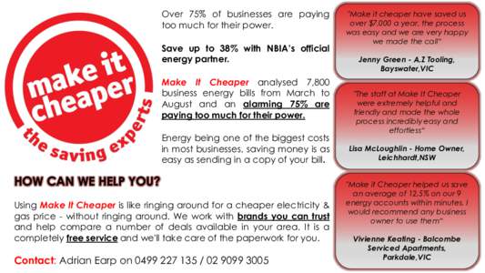 Over 75% of businesses are paying too much for their power. Save up to 38% with NBIA’s official energy partner. Make It Cheaper analysed 7,800 business energy bills from March to