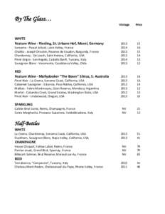 By The Glass… WHITE Feature Wine - Riesling, St. Urbans-Hof, Mosel, Germany Sancerre - Pascal Jolivet, Loire Valley, France Chablis - Joseph Drouhin, Reserve de Vaudon, Burgundy, France Chardonnay - De Loach, Saint Hel