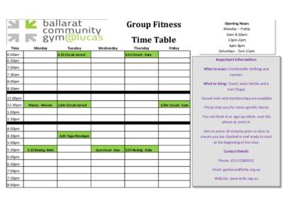 Group Fitness Time Table Time Monday