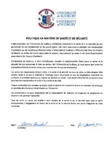 UNIVERS ITE de SUDBURY UNIVERSITY ofSUDBURY  POLITIQUE EN MATIERE DE SANTE ET DE SECURITE