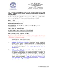 CITY OF COLUMBIA CITY COUNCIL MEETING AGENDA TUESDAY, APRIL 8, 2014 6:00 P.M. CITY HALL[removed]MAIN STREET COUNCIL CHAMBERS - 3RD FLOOR