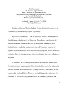 Oral Testimony U.S. House of Representatives House Committee on Homeland Security Subcommittee on Cybersecurity, Infrastructure Protection, and Security Technologies Wednesday, September 11th, 2013