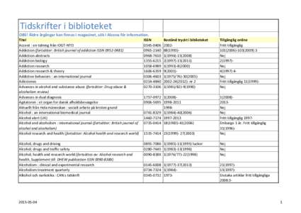 Tidskrifter i biblioteket OBS! Äldre årgångar kan finnas i magasinet, sök i Alcona för information. Titel Accent : en tidning från IOGT-NTO Addiction (fortsätter: British journal of addiction ISSNAddic