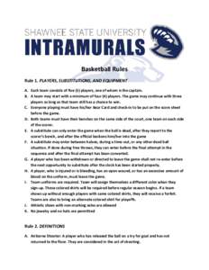Basketball Rules Rule 1. PLAYERS, SUBSTITUTIONS, AND EQUIPMENT A. Each team consists of five (5) players, one of whom is the captain. B. A team may start with a minimum of four (4) players. The game may continue with thr