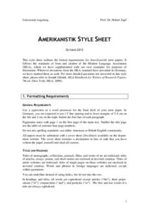 Universität Augsburg  Prof. Dr. Hubert Zapf AMERIKANISTIK STYLE SHEET OCTOBER 2013