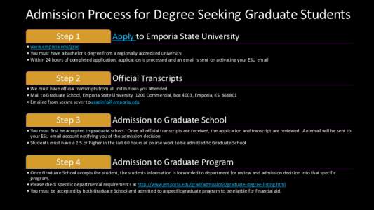 Admission Process for Degree Seeking Graduate Students Step 1 Apply to Emporia State University  • www.emporia.edu/grad