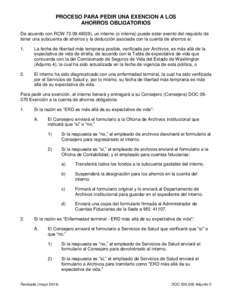 PROCESO PARA PEDIR UNA EXENCION A LOS AHORROS OBLIGATORIOS De acuerdo con RCW[removed]), un interno (o interna) puede estar exento del requisito de tener una subcuenta de ahorros y la deducción asociada con la cuenta