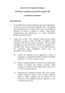 Rewrite of the Companies Ordinance First Phase Consultation on the Draft Companies Bill Consultation Conclusions BACKGROUND 1.