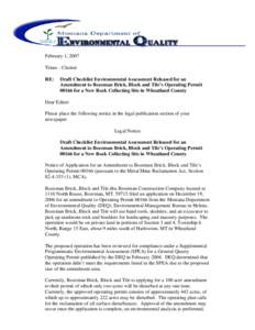 February 1, 2007 Times - Clarion RE: Draft Checklist Environmental Assessment Released for an Amendment to Bozeman Brick, Block and Tile’s Operating Permit