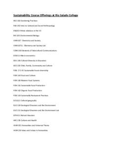 Sustainability Course Offerings at Rio Salado College AGS 182 Gardening Practices ASB 102 Intro to Cultural and Social Anthropology ASB202 Ethnic relations in the US BIO 105 Environmental Biology CHM 107 Chemistry and So