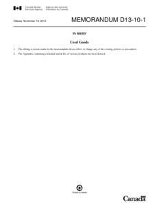 Ottawa, November 19, 2013  MEMORANDUM D13-10-1 IN BRIEF  Used Goods