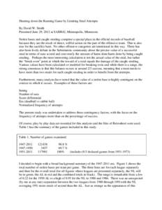 Shutting down the Running Game by Limiting Steal Attempts By David W. Smith Presented June 29, 2012 at SABR42, Minneapolis, Minnesota Stolen bases and caught stealing comprise a special place in the official records of b