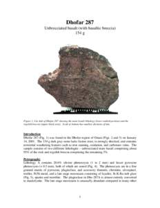 Dhofar 287 Unbrecciated basalt (with basaltic breccia) 154 g Figure 1: Cut slab of Dhofar 287 showing the mare basalt lithology (lower reddish portion) and the regolith breccia (upper black area). Scale at bottom has sma