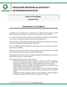 ASOCIACION ARGENTINA de DIETISTAS Y NUTRICIONISTAS DIETISTAS GACETILLA DE PRENSA NoviembreDÍA MUNDIAL DE LA DIABETES